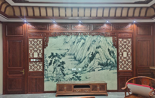 郸城中式仿古别墅客厅背景墙花格木作装饰